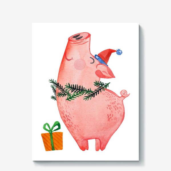 Холст «Свинья с подарком. С новым годом!»