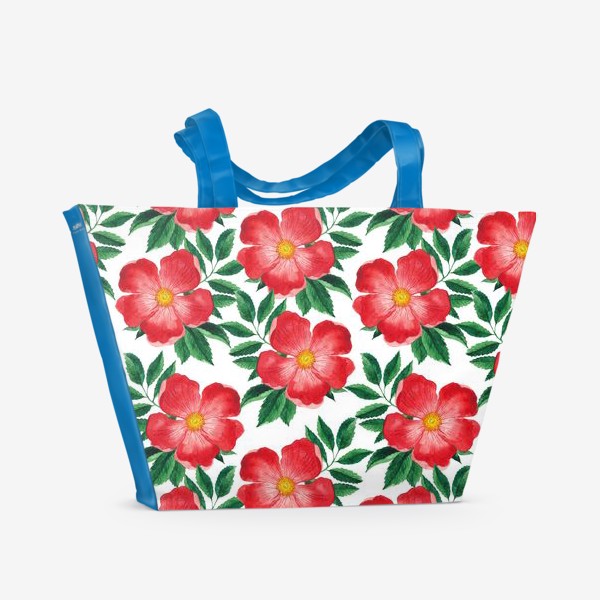 Пляжная сумка &laquo;Красные цветы. Паттерн с цветками шиповника&raquo;