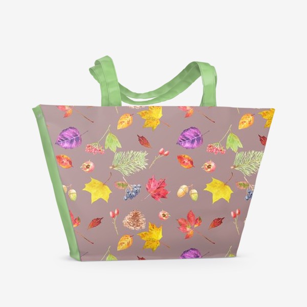 Пляжная сумка «Осенние цветные листья и плоды, сбор урожая. Акварельный ботанический принт на коричневом фоне»