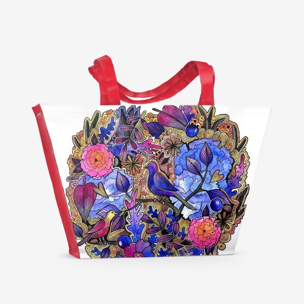Пляжная сумка «Букет цветов и птицы»