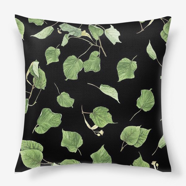 Подушка «Ветки и листья липы на черном фоне»