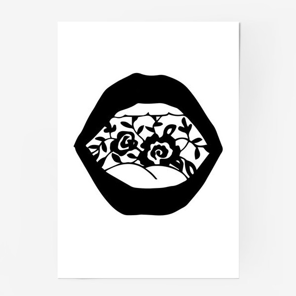 Постер «Стилизованный рисунок, губы с цветами в черно белом цвете», купить  в интернет-магазине в Москве, автор: Ксения Пелевина, цена: 530 рублей,  0940.7794.52219.144466