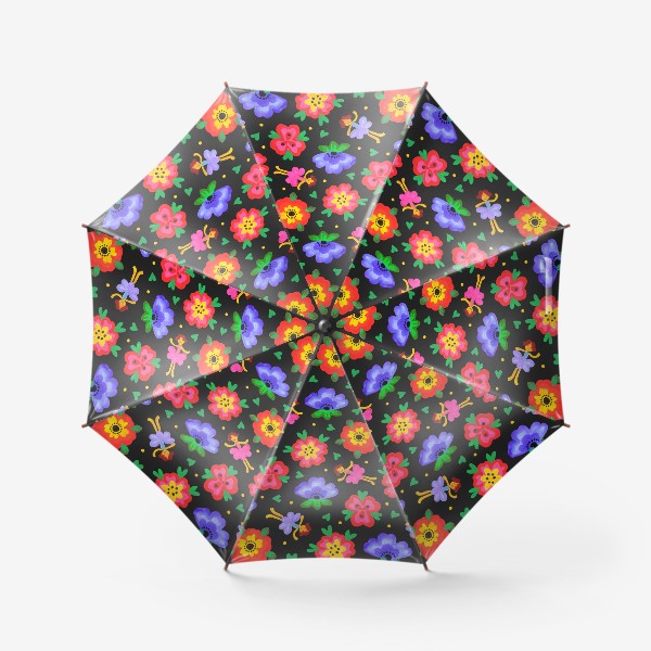 Зонт «Яркий паттерн цветы и феи. Детские обои.»