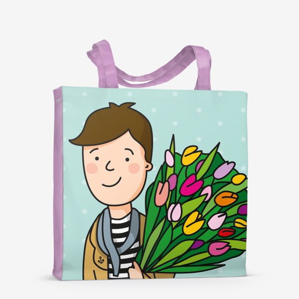 Сумка-шоппер «Мальчик несет букет цветов из тюльпанов с собакой»