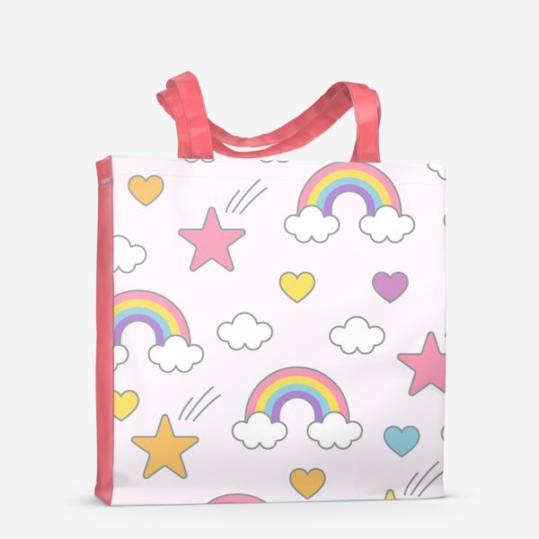 Сумка-шоппер «Бесшовный паттерн с радугой, падающими звездами, облаками и сердечками в пастельных тонах - для принцесс!»