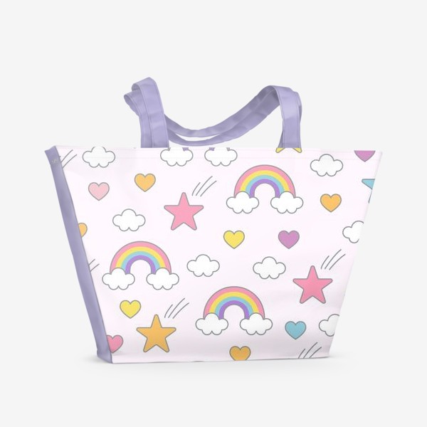 Пляжная сумка &laquo;Бесшовный паттерн с радугой, падающими звездами, облаками и сердечками в пастельных тонах - для принцесс!&raquo;