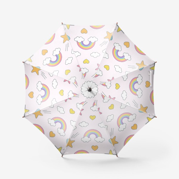 Зонт «Бесшовный паттерн с радугой, падающими звездами, облаками и сердечками в пастельных тонах - для принцесс!»