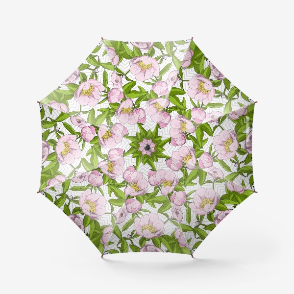 Зонт &laquo;Розовые пионы с листьями на фоне "зигзаг"&raquo;