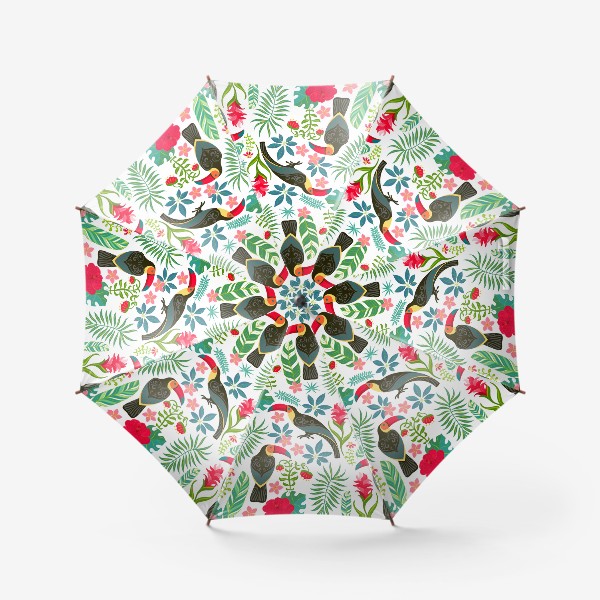 Зонт «Туканы с орнаментом на фоне тропических цветов и листьев.»