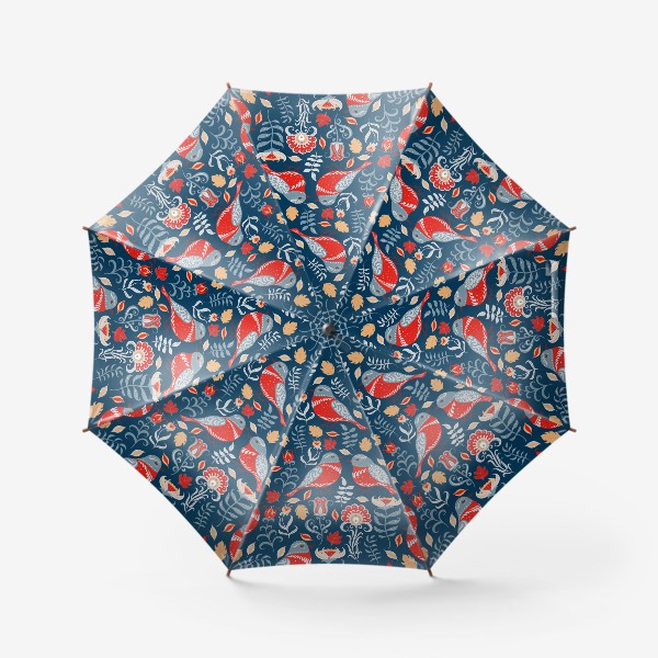 Зонт «Паттерн с птицами и цветами на синем фоне. Фольклорный стиль.»