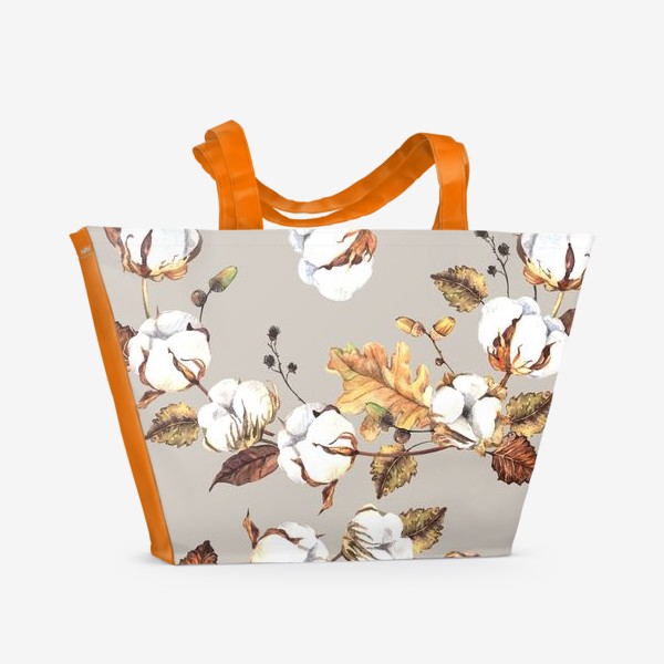 Пляжная сумка &laquo;Акварельный паттерн с цветами хлопка и листьями&raquo;