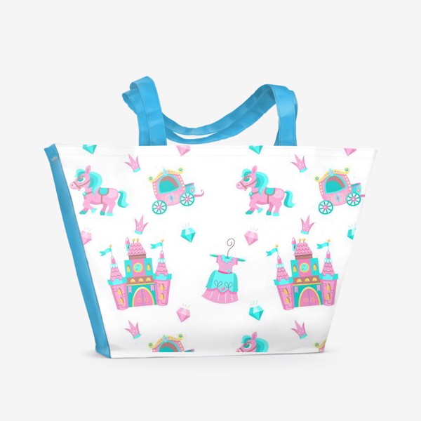 Пляжная сумка «Сказочный замок, карета и платье принцессы. Бесшовный паттерн в розово-голубых тонах»