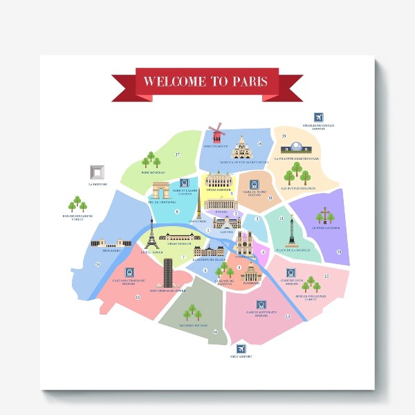 Холст &laquo;Детальная карта Парижа с достопримечательностями. Постер.&raquo;