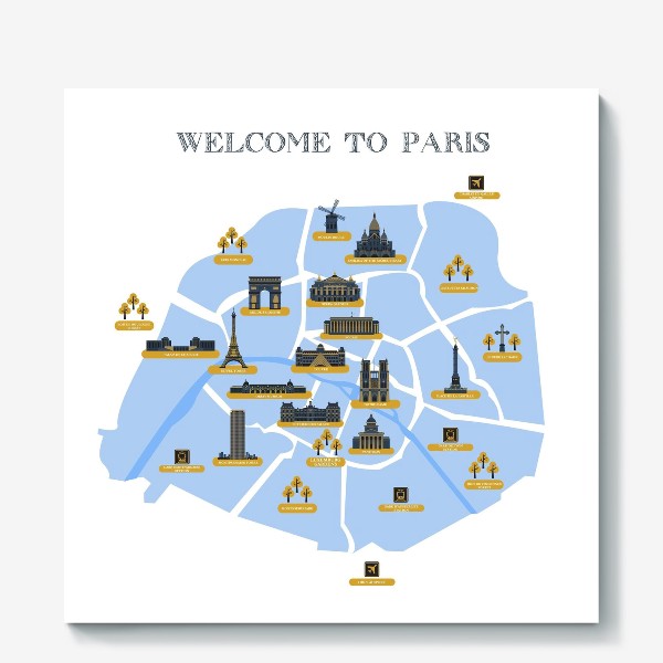 Холст &laquo;Постер. Карта Парижа с архитектурными достопримечательностями.&raquo;