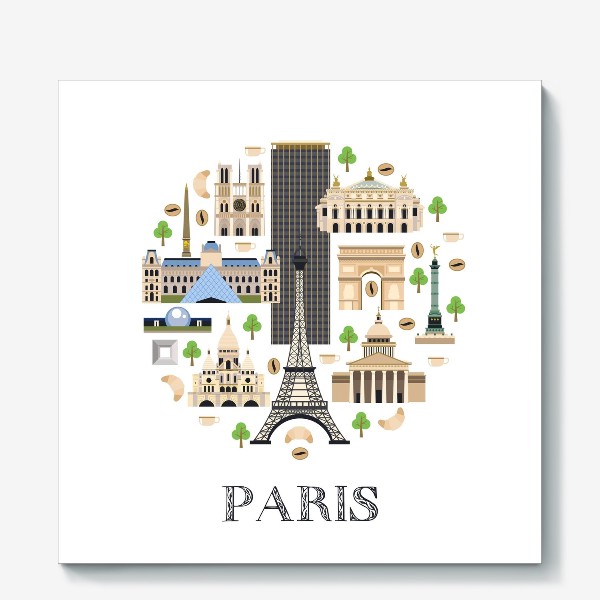 Холст &laquo;Постер Париж. На белом фоне. Основные достопримечательности.&raquo;