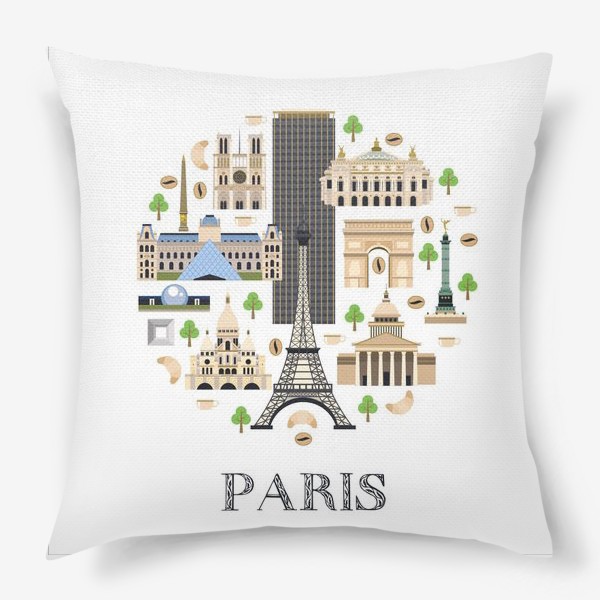Подушка «Постер Париж. На белом фоне. Основные достопримечательности.»