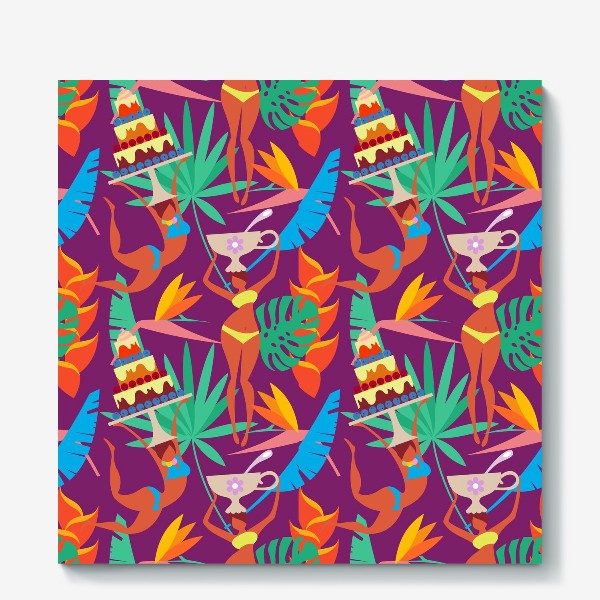 Холст &laquo;Бесшовный паттерн. Тропические листья и экзотические девушки с чашками и тортами на пурпурном фоне.&raquo;