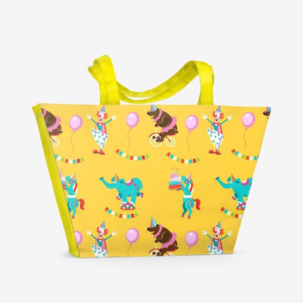 Пляжная сумка «Цирк. Цирковые медведи на велосипедах, клоуны, лошади, слоны. Бесшовный паттерн на желтом фоне.»