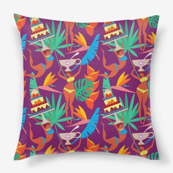 Подушка «Бесшовный паттерн. Тропические листья и экзотические девушки с чашками и тортами на пурпурном фоне.»