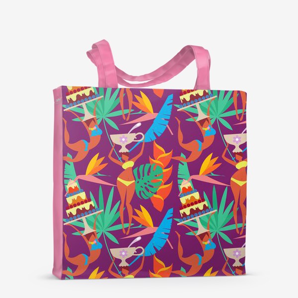 Сумка-шоппер «Бесшовный паттерн. Тропические листья и экзотические девушки с чашками и тортами на пурпурном фоне.»