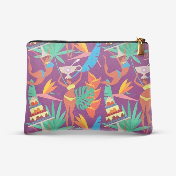 Косметичка &laquo;Бесшовный паттерн. Тропические листья и экзотические девушки с чашками и тортами на пурпурном фоне.&raquo;