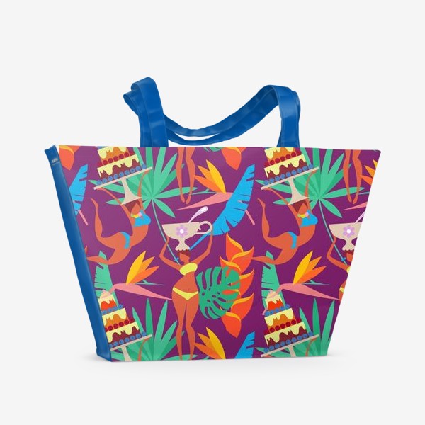 Пляжная сумка «Бесшовный паттерн. Тропические листья и экзотические девушки с чашками и тортами на пурпурном фоне.»