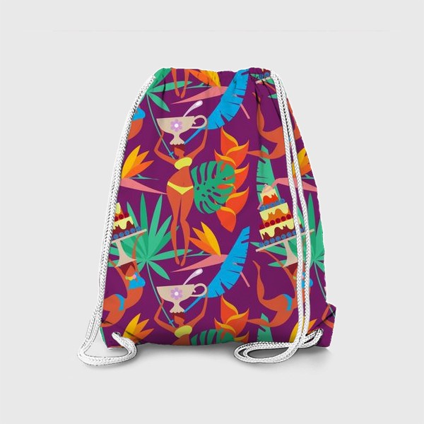 Рюкзак «Бесшовный паттерн. Тропические листья и экзотические девушки с чашками и тортами на пурпурном фоне.»