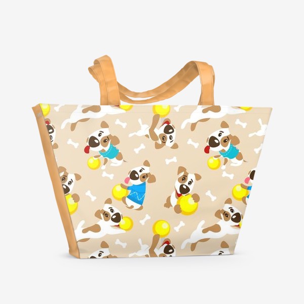 Пляжная сумка &laquo;Милые мультяшные собаки породы Джек Рассел терьер с мячами. Бесшовный паттерн.&raquo;