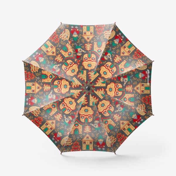 Зонт «Сказочные гномики, расписные домики, елочки, цветы и звезды.  »