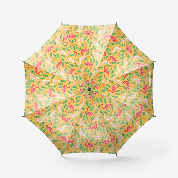Зонт «Пеликаны, фламинго, тропические листья на желтом фоне. »