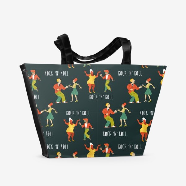 Пляжная сумка «Рок-н-ролл. Ретро иллюстрация. Бесшовный паттерн, танцующие люди на черном фоне»