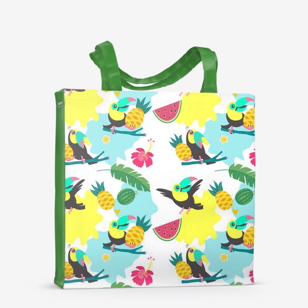 Сумка-шоппер «Тропический фон, милые туканы, экзотические цветы и фрукты»