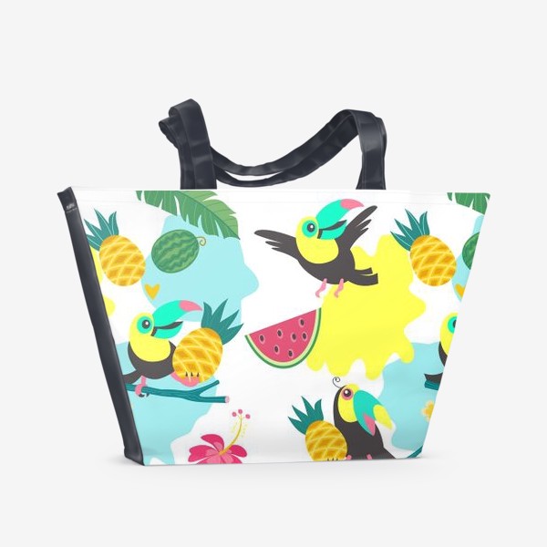 Пляжная сумка «Тропический фон, милые туканы, экзотические цветы и фрукты»