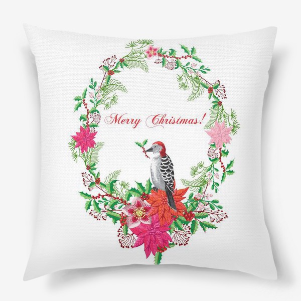 Подушка «Рождественские украшения и птичка»