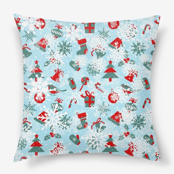 Подушка «Зимный снежный узор со снежинками и яркими новогодними подарками»