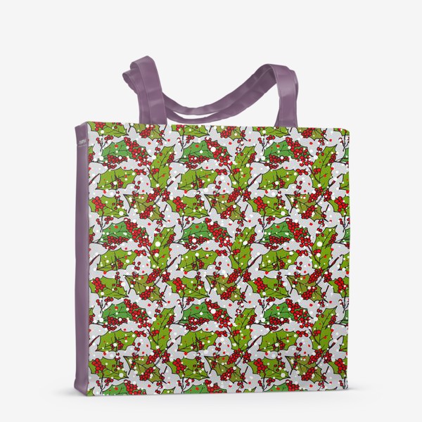 Сумка-шоппер «Зимный снежный узор со снежинками и яркими листьями и красными ягодами»