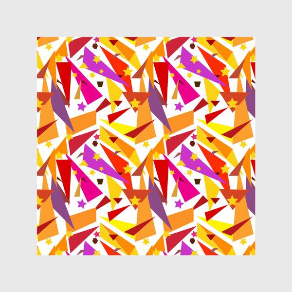 Шторы «Абстрактный геометрический оранжевый, розовый. фиолетовый, сиреневый узор с треугольниками и звездами на белом фоне»