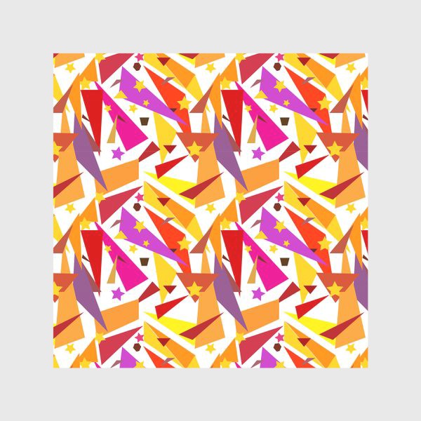 Скатерть «Абстрактный геометрический оранжевый, розовый. фиолетовый, сиреневый узор с треугольниками и звездами на белом фоне»