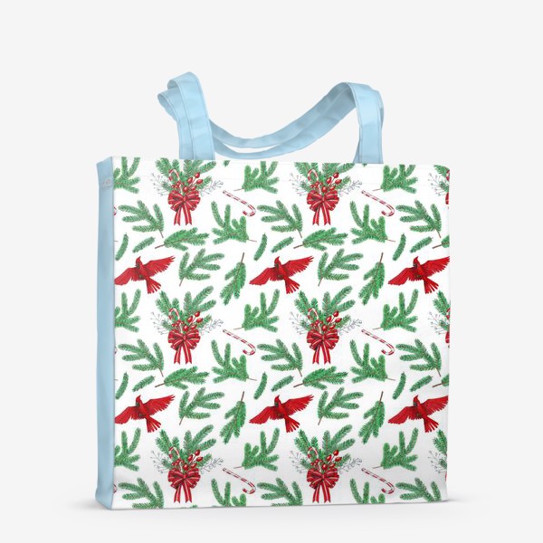 Сумка-шоппер «Зимний паттерн с птицей кардинал, ягодами и еловыми ветками»