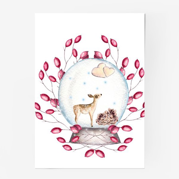 Постер «Волшебный шар, олень, сердечки, ягоды, зима, новый год, рождество»