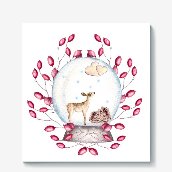 Холст &laquo;Волшебный шар, олень, сердечки, ягоды, зима, новый год, рождество&raquo;