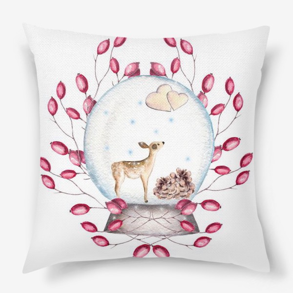 Подушка «Волшебный шар, олень, сердечки, ягоды, зима, новый год, рождество»