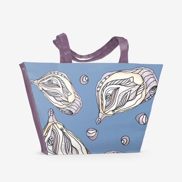 Пляжная сумка &laquo;Устрицы и жемчуг на серо-голубом паттерн графика акварель&raquo;