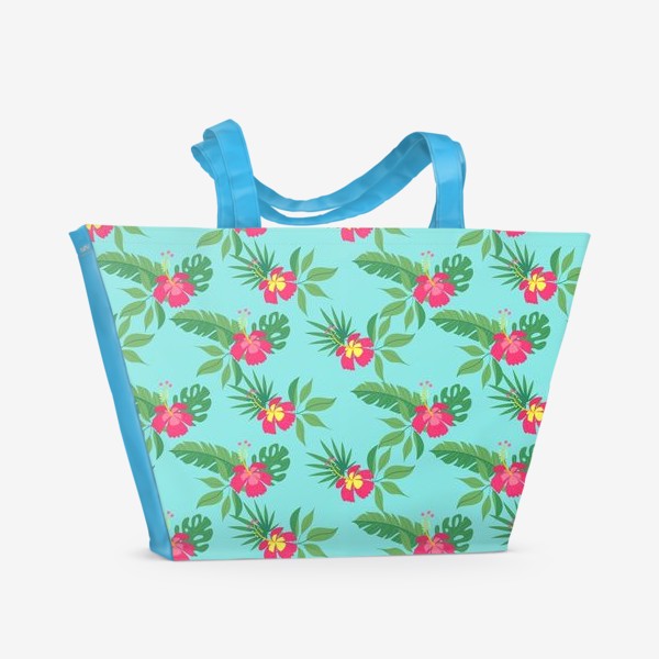Пляжная сумка «Тропические цветы на голубом фоне, бесшовный паттерн»