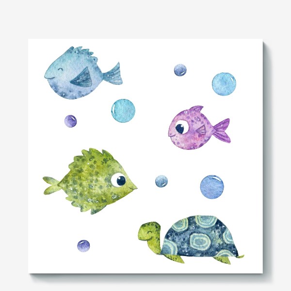 Холст «Морские рыбки и черепашка»