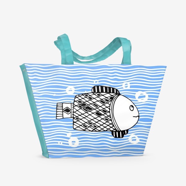 Пляжная сумка «Fish doodle  on  wave background.»