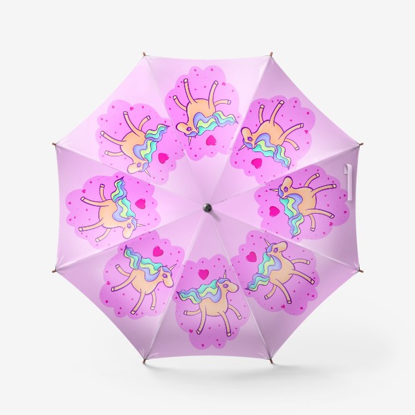 Зонт «Персиковый единорог в розовом облаке с сердечками»