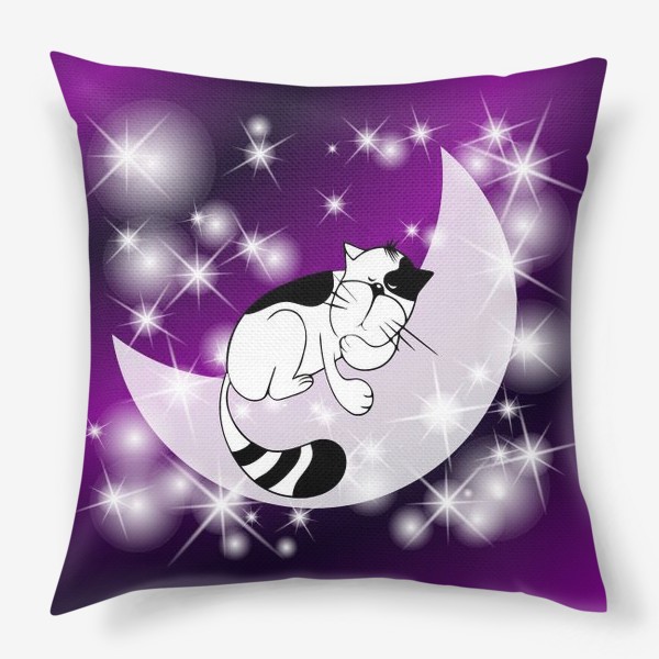 Подушка «Милый котик спящий на луне в ночном небе.»