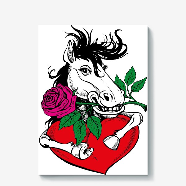 Холст &laquo;сексуальный конь держит сердце и розу&raquo;