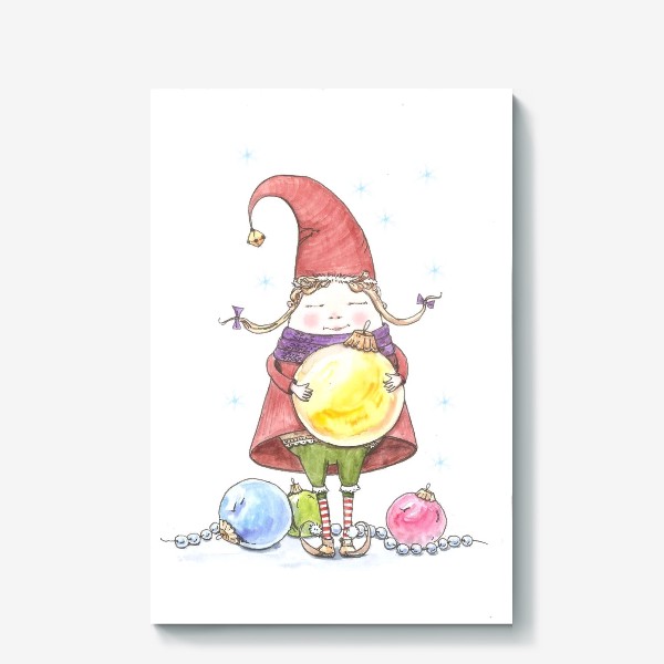 Холст «Гномик-девочка с новогодними шариками»
